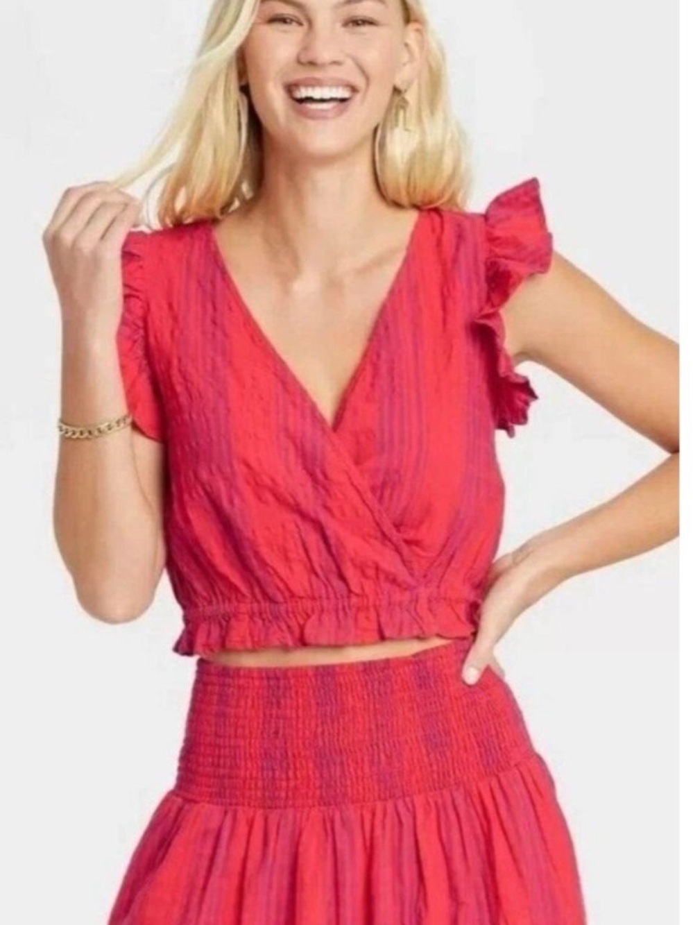 NWOT Universal Thread Red Striped Ruffle Sleeve Crop Top
